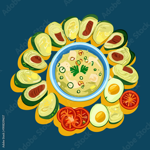 Large platter of healthy appetizers featuring avocado slices eggs and vegetables for group dining events - Vector Illustration