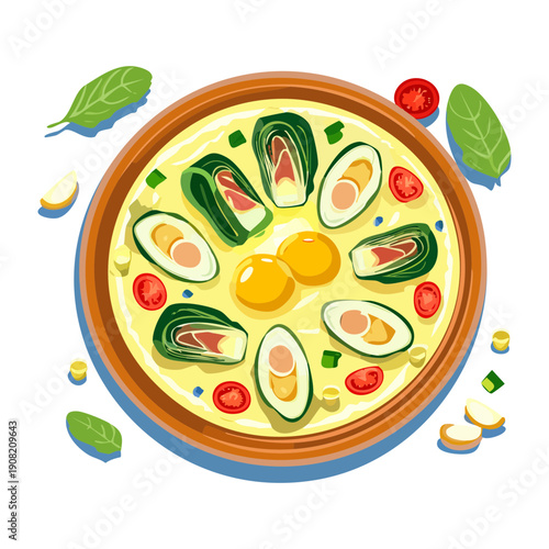 Gourmet bowl of vegetable soup with eggs and fresh greens for a balanced healthy diet plan - Vector Illustration