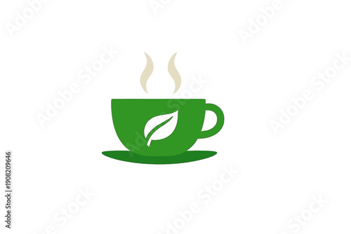 A minimalist vector illustration of a green tea cup and saucer on a black background. The cup features a leaf icon and has two wisps of steam rising from the hot beverage inside.