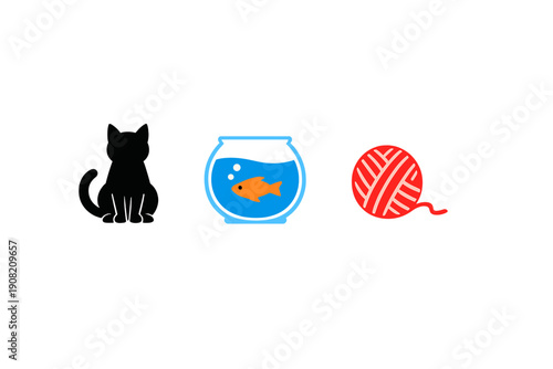 A black silhouette of a cat sits next to a blue fishbowl containing an orange fish and a red ball of yarn. These three icons are arranged horizontally on a solid black background.