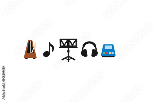 A collection of five music icons including a metronome, a musical note, a music stand, headphones, and a digital device, all arranged in a row on a solid black background.