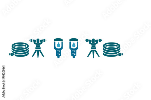 A collection of teal and blue flat icons representing garden irrigation equipment including coiled hoses, tripod sprinklers, and drip emitters arranged on a black background.