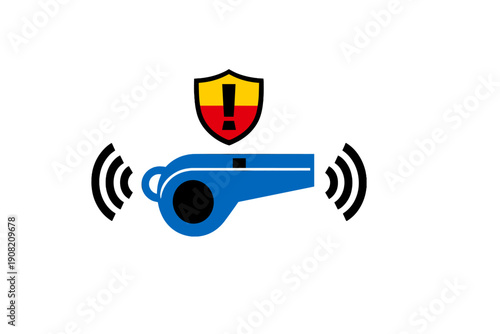 A blue whistle with sound waves sits below a yellow and red shield containing a black exclamation mark on a black background. This graphic represents whistleblowing, security alerts, and reporting.