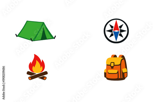 This set of four flat vector illustrations features essential camping gear like a green tent, a compass, a campfire, and an orange backpack on a black background.