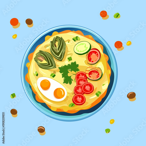 Round vegetable omelet or frittata topped with tomatoes and herbs for a healthy protein breakfast - Vector Illustration