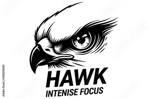 Stylized vector artwork depicting a formidable hawk's head, showcasing a sharp, focused eye and powerful presence, embodying keen vision and unwavering resolve