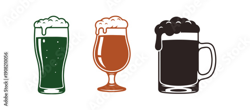 Stout beer icon assortment. Enjoy in a tall pint glass and a tulip glass, stencil design. Vector clipart, minimalist sign, or basic logo for bars, pubs, or Oktoberfest.