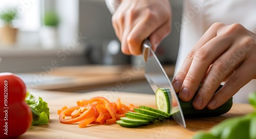 Chef slicing colorful vegetables with sharp knife