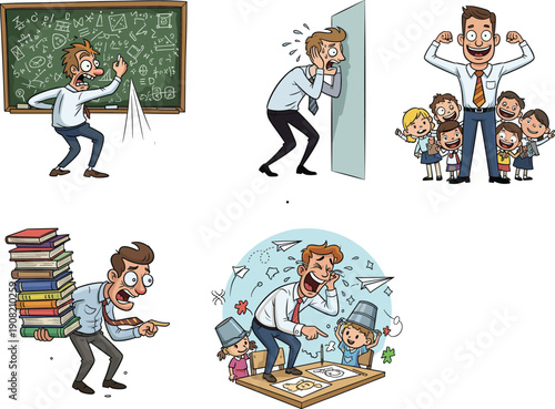 Funny cartoon teacher losing control, classroom chaos, stressed educator, school humor, emotional teaching moments, kids misbehaving, comic education scene