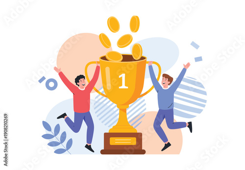 Triumphant team of two people jumping for joy, giant gold trophy, falling coins, celebrating major business or sports victory, success concept illustration.