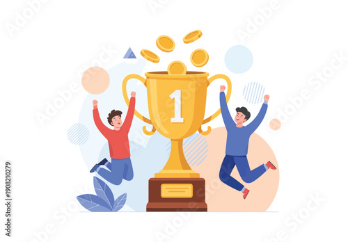 Triumphant team of two people jumping for joy, giant gold trophy, falling coins, celebrating major business or sports victory, success concept illustration.