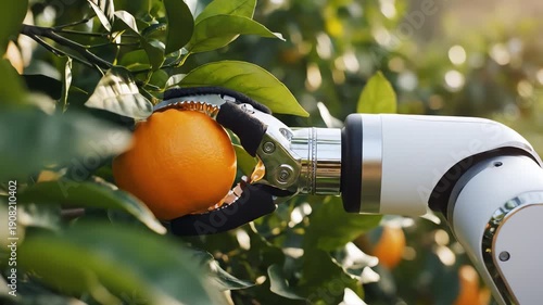 A vibrant close-up shot captures a sophisticated white robotic arm gently picking a ripe orange amidst lush green leaves in a sunny outdoor orchard, highlighting agricultural technology.