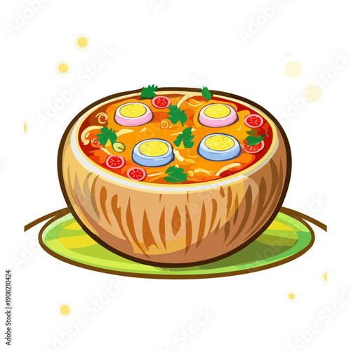 Bowl of creamy vegetable soup topped with egg and herbs for a comforting and nutritious meal - Vector Illustration