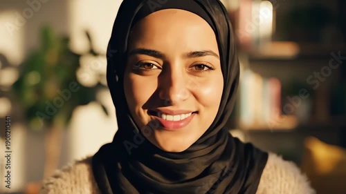 This authentic close-up portrait captures a beautiful young muslim woman smiling confidently while wearing a black hijab, bathed in warm golden hour light indoors.