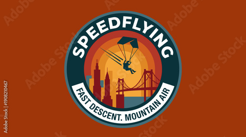 Thrill-seeking airborne adventure logo exhilarating skydiving over city skyline and majestic mountains, embodying speed and freedom