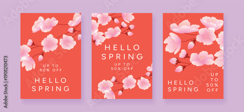 Set of Hello Spring sale cards, hanami, Sakura Cherry Blossom flowers, red background, up to 50 percent off text, flat Vector Illustration