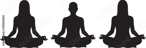 Three people meditating in lotus position silhouettes on white