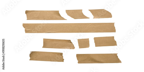 Various pieces of torn brown masking tape isolated on a white background, useful for design elements