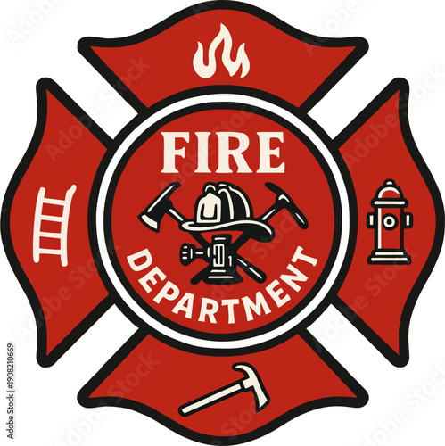 Fire Department Maltese Cross Badge with Helmet, Axes, Ladder and Hydrant - Red Firefighter Emblem Logo