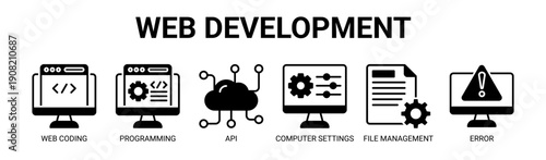 Web Development web banner icon vector illustration concept with icon of web coding, programming, api, computer settings, file management, and error handling.