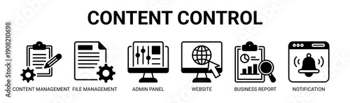 Content Control web banner icon vector illustration concept with icon of content management, file management, admin panel, website dashboard, business report, and notification.