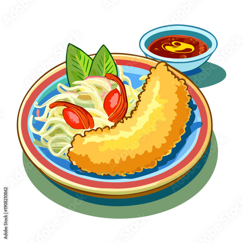 Breaded fried fish fillet served with noodles and vegetables on a colorful plate for lunch meal - Vector Illustration