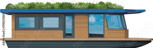 Modern houseboat, eco-friendly design, green roof, waterfront living, sustainable architecture, vector illustration, floating home, wooden exterior, scenic windows, stylish hull