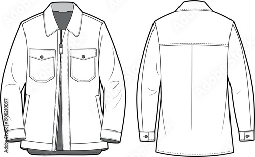 Modern jacket fashion sketch, front and back views, chest pockets, seam detail, long sleeves, technical drawing, outerwear template, stylish design