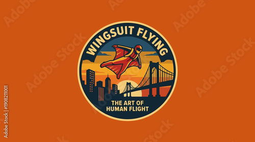 Wingsuit Flying The Art of Human Flight and Extreme Sports Emblem with Cityscape