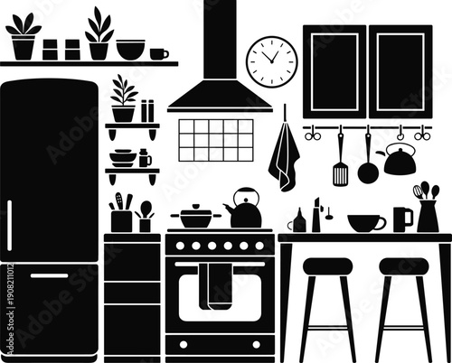 Modern kitchen interior silhouette with furniture, fridge, stove, hood, utensils, cabinets, plants, shelf decor, kitchenware, minimalist vector design