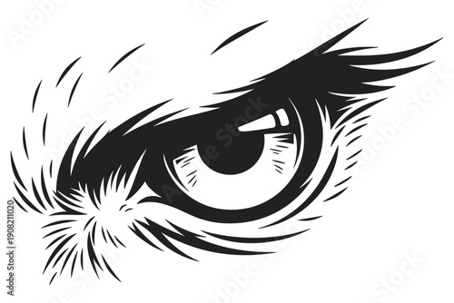Intense illustration of a wild animal's eye in black and white, depicting a focused gaze with stylized fur, symbolizing power and vigilance