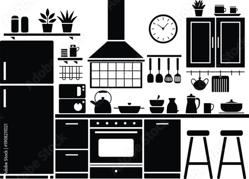Modern kitchen silhouette vector, interior design illustration, fridge, stove, utensils, microwave, cabinets, cooking tools, home decor, shelves