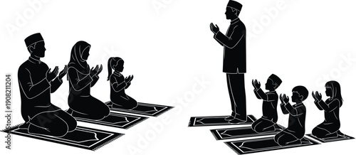 A Family Praying Together on Prayer Rugs in Different Poses silhouettes black and white