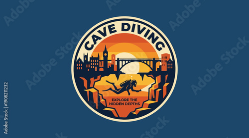 Vector emblem of a scuba diver exploring hidden depths below an urban bridge and cityscape