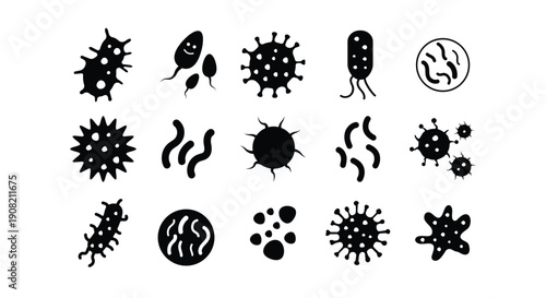Set of black virus silhouettes in various abstract shapes, symbolizing bacteria, germs, and microorganisms, isolated on white background for medical use.