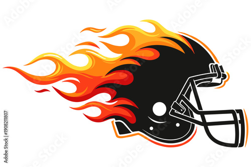 Vibrant illustration of an American football helmet engulfed in fiery flames, symbolizing dynamic speed, intense energy, and a passionate competitive spirit on the field