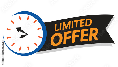 Clock Face with 'Limited Offer' Banner Graphic, Symbolizing Urgency and Time-Sensitive Promotions, Isolated on Transparent Background
