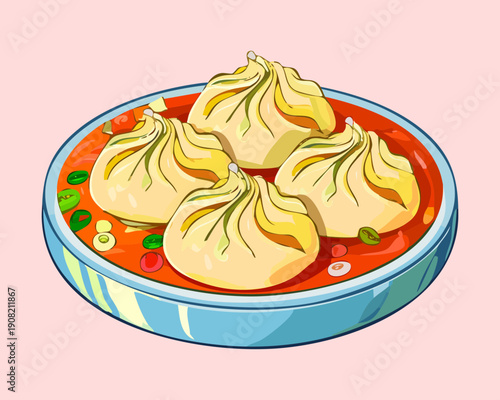 Steamed dumplings served in a bowl of broth with garnish for a traditional oriental dining experience - Vector Illustration