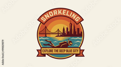 Imaginative vector badge of a scuba diver exploring an underwater urban city with a bridge at sunset