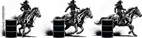 Cowboy Riding Horse Around Barrels in Black and White cowboy hat