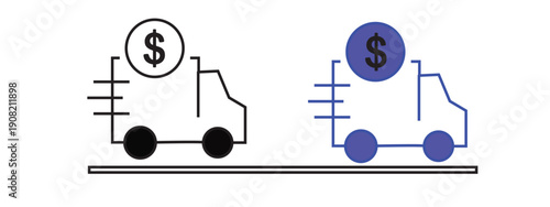Two icons of a speeding delivery truck with a dollar sign above.