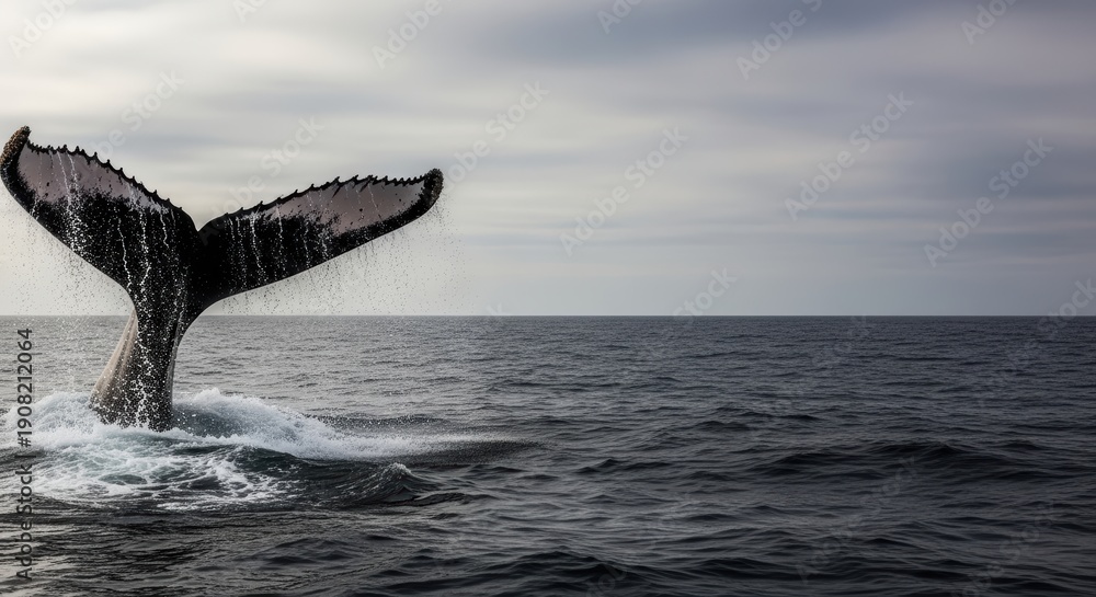 Fototapeta premium Humpback Whale Tail Dives into Vast Ocean Waters