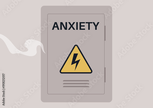 An electrical panel adorned with the word anxiety and a warning symbol captures the essence of mental health struggles, blending creativity with impactful messaging in a visually striking way.