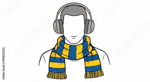 Man wearing headphones and a striped scarf, listening to music, illustration, vector graphic
