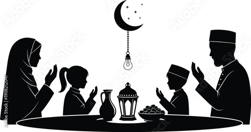 Family of four sitting around a table with a lantern and food during a religious celebration with a crescent moon and star above