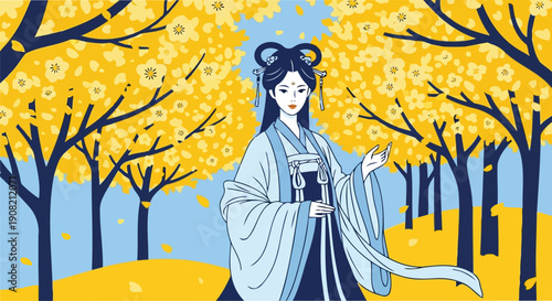 Chinese woman wearing blue Hanfu in yellow autumn forest vector illustration