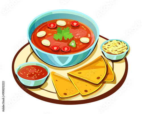 Round bowl of hot tomato soup served with crispy tortillas and a side of creamy dip - Vector Illustration