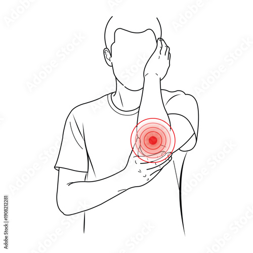 Elbow Pain Illustration: A person, captured in a stark outline, is experiencing discomfort in the elbow region, as shown by the focused red circles. The image evokes feelings of sensitivity.