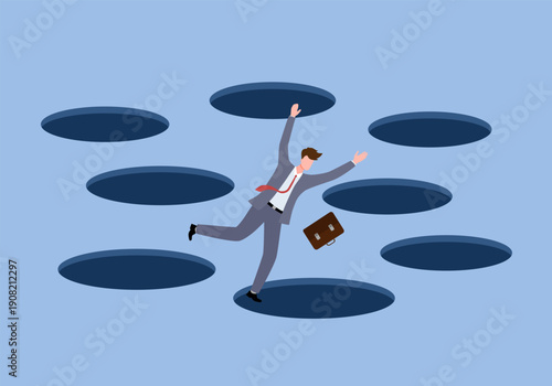 Failure,Terrified businessman fall down into the hole, failure or mistake causing catastrophe despair, problem or risk from crisis or recession