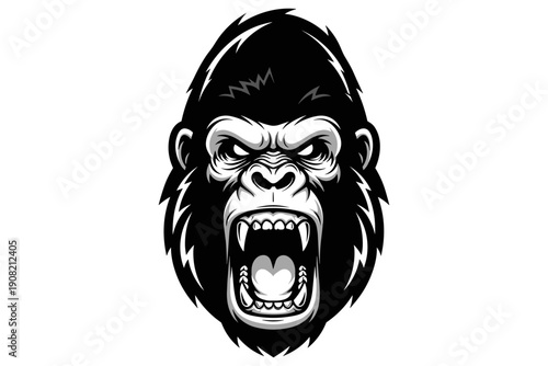 Aggressive gorilla head illustration, showing teeth and open mouth roaring, a powerful primate symbol
